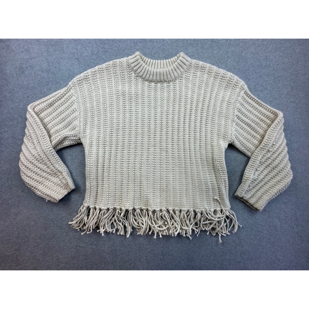HM Cream Ribbed Knit Fringe Hem Cropped Sweater Beige Boho Pullover Medium